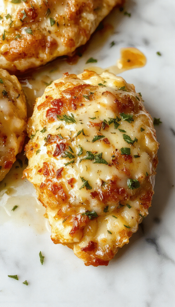 A golden-brown baked chicken breast topped with melted Parmesan cheese and finely chopped garlic, garnished with fresh herbs on a rustic white plate with a side of roasted vegetables, vibrant green parsley for garnish, and a light drizzle of olive oil, all on a wooden table