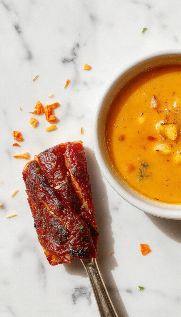 A vibrant bowl of golden turmeric chicken soup garnished with chopped herbs and black pepper, steam rising from the warm, hearty broth, served in a rustic white bowl, with fresh herbs and slices of chicken visible, set on a wooden table with natural lighting.