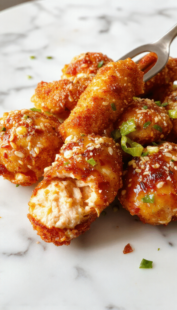 A vibrant plate of sesame chicken featuring tender, golden-brown chicken pieces coated in a glossy sesame sauce, garnished with toasted sesame seeds and chopped green onions, served on a white ceramic plate with a colorful vegetable side salad, all beautifully styled with a sprinkle of sesame seeds and fresh herbs