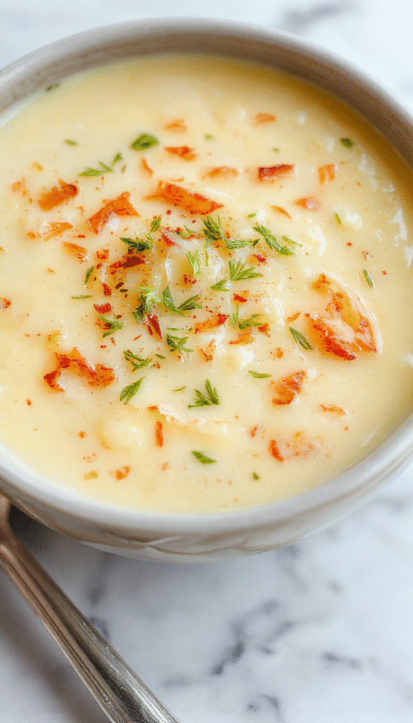 A bowl of creamy potato soup topped with chopped green onions and crispy bacon bits, served on a rustic wooden table with a spoon and a bread roll, demonstrating a warm, comforting, and savory dish with smooth textures and vibrant green garnish.