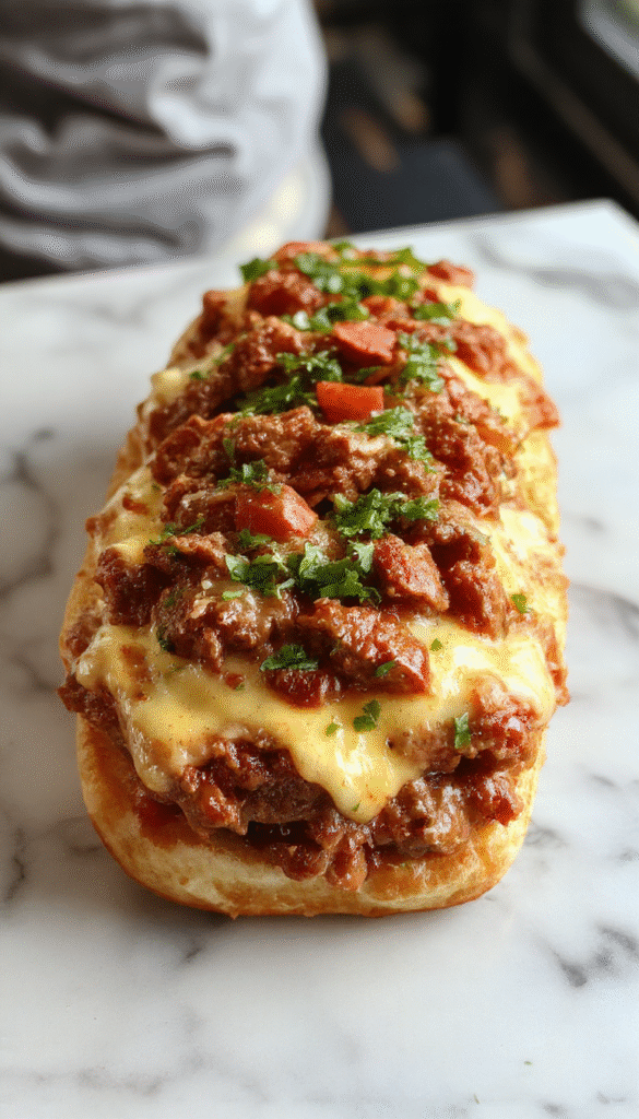 A close-up of a vibrant plate showcasing Philly cheesesteak sloppy joes with juicy beef, melted provolone cheese, caramelized onions, and green peppers on toasted buns, styled casually with a rustic background.