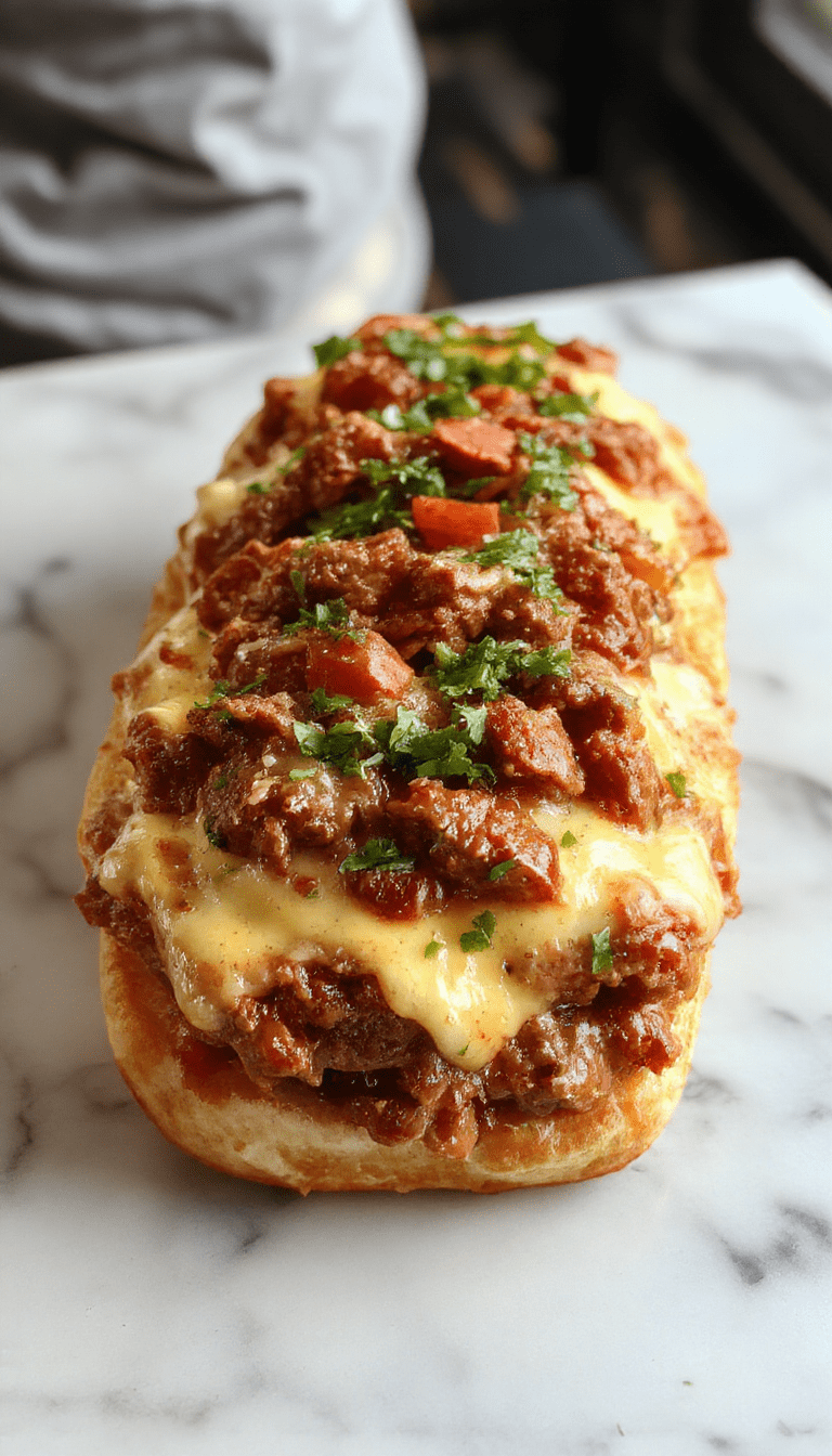 A close-up of a vibrant plate showcasing Philly cheesesteak sloppy joes with juicy beef, melted provolone cheese, caramelized onions, and green peppers on toasted buns, styled casually with a rustic background.