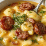 A steaming bowl of hearty sausage and potato soup sits on a rustic wooden table, featuring golden-brown sausage slices, tender potatoes, and chopped green herbs, with a creamy broth and a spoon resting beside it. The vibrant colors and textures evoke comfort and warmth.