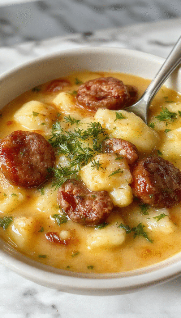 A steaming bowl of hearty sausage and potato soup sits on a rustic wooden table, featuring golden-brown sausage slices, tender potatoes, and chopped green herbs, with a creamy broth and a spoon resting beside it. The vibrant colors and textures evoke comfort and warmth.