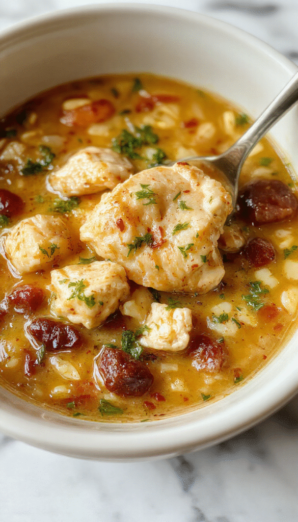 A steaming bowl of hearty chicken and wild rice soup with chunks of tender chicken, vibrant orange carrots, and green herbs on top, served in a rustic white bowl with a spoon, set against a warm wooden table background, evoking comfort and home-cooked warmth.