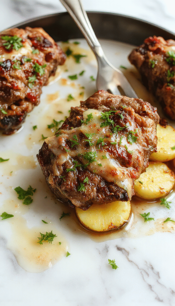 A vibrant skillet showcasing perfectly seared juicy steak topped with melted garlic butter, surrounded by golden roasted crispy potatoes garnished with fresh herbs, all styled on a rustic wooden table with a sprinkle of parsley and freshly cracked black pepper.