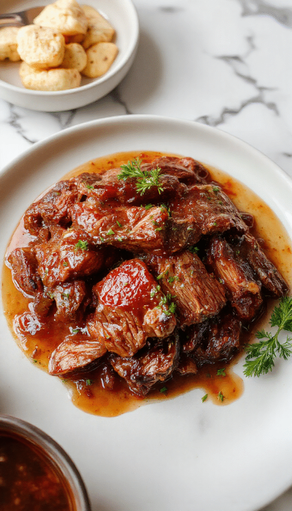 A hearty pot roast served on a rustic wooden table, featuring tender beef with caramelized onions, sliced carrots, and potatoes with a rich gravy, all beautifully plated with garnishes of fresh herbs.