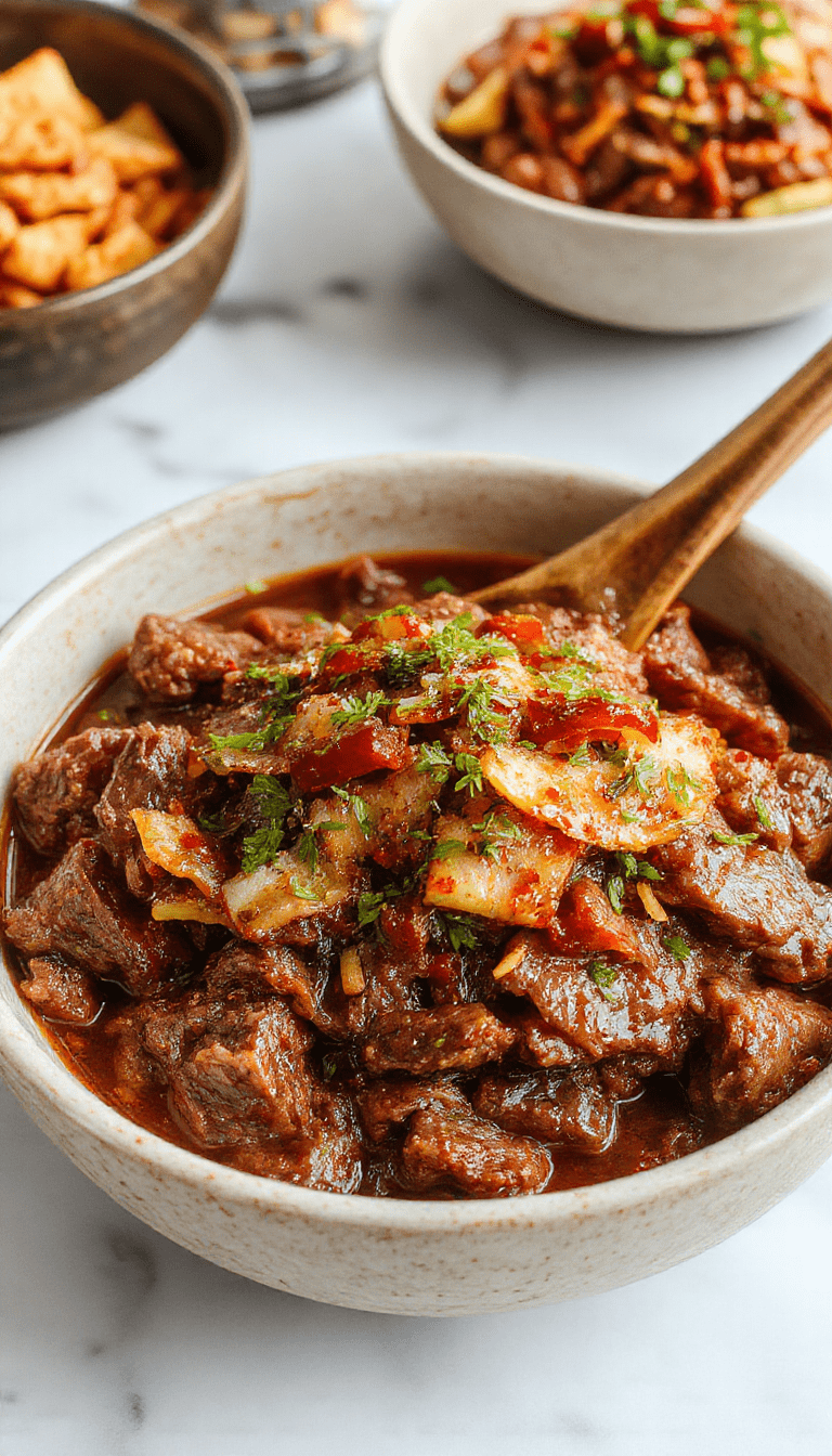 A vibrant Korean ground beef bowl featuring perfectly cooked ground beef glazed with savory sauce, garnished with sliced green onions and sesame seeds, served over steamed rice on a modern white plate with colorful vegetables in the background, showcasing textures from tender beef to crispy toppings.
