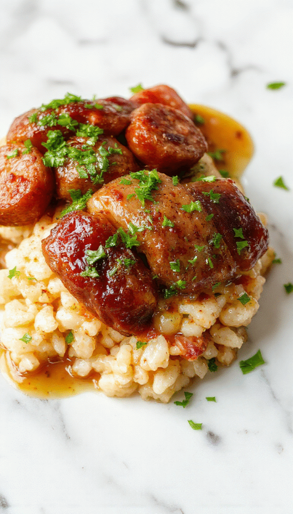 A vibrant plate featuring diced smoked sausage and fluffy rice garnished with chopped herbs, served on a rustic wooden table with colorful vegetables around, showcasing textures of tender meat and soft rice with a glossy finish.