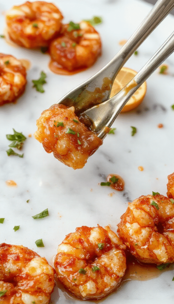 A vibrant plate showcases succulent pink shrimp glazed with glossy honey garlic sauce, garnished with fresh chopped green onions and sesame seeds, served on a white plate with a dark background highlighting the shiny sauce and textured shrimp