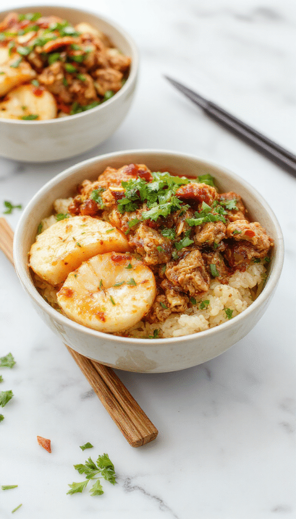 Colorful ground turkey teriyaki rice bowls featuring sautéed ground turkey glazed with shiny teriyaki sauce, served over fluffy white rice with vibrant steamed broccoli, sliced green onions, and sesame seeds, all arranged neatly on a rustic wooden platter with chopsticks for styling.