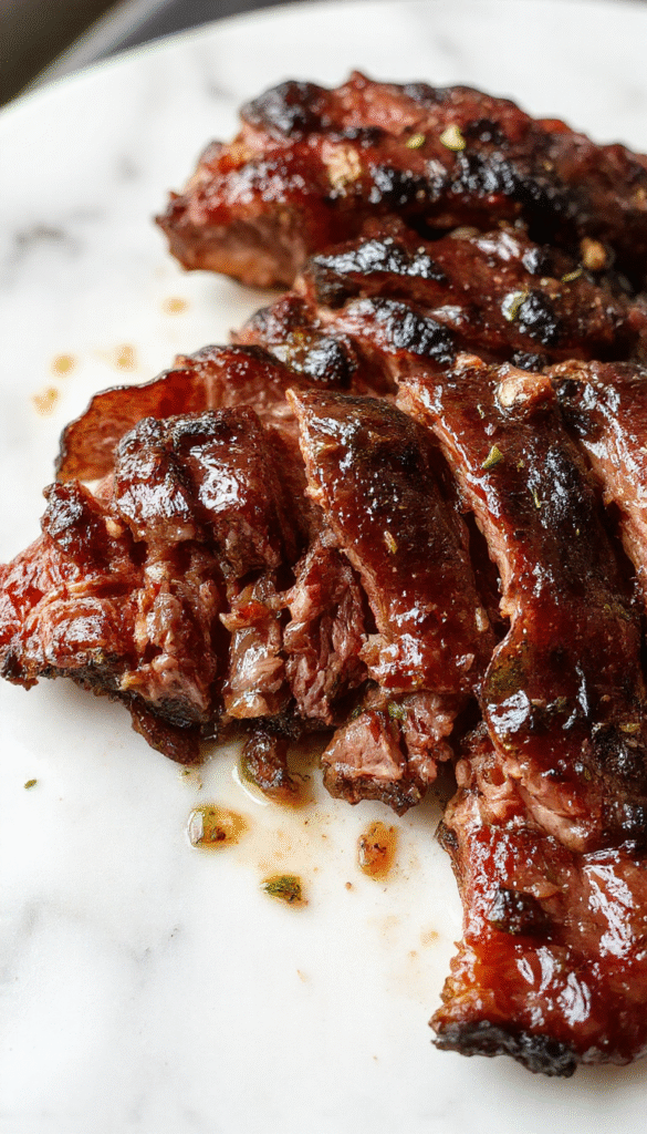 A perfectly cooked beef brisket resting on a rustic wooden platter, sliced to reveal tender, juicy, and richly flavored meat with a caramelized crust, garnished with fresh herbs, surrounded by side dishes, all styled in a warm inviting kitchen setting with vibrant colors and textures.
