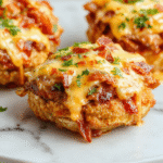 Colorful plate featuring succulent grilled chicken topped with crispy bacon, melted cheddar cheese, and smoky barbecue sauce, Garnished with chopped herbs and served alongside fresh vegetables, styled in a rustic setting.