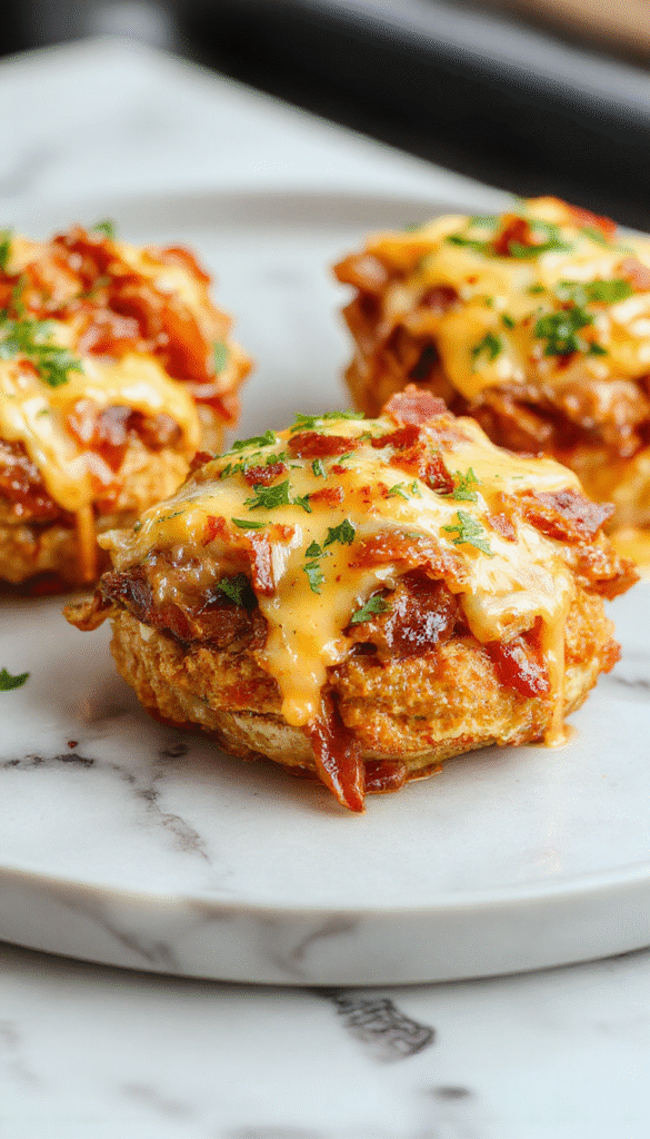 Colorful plate featuring succulent grilled chicken topped with crispy bacon, melted cheddar cheese, and smoky barbecue sauce, Garnished with chopped herbs and served alongside fresh vegetables, styled in a rustic setting.