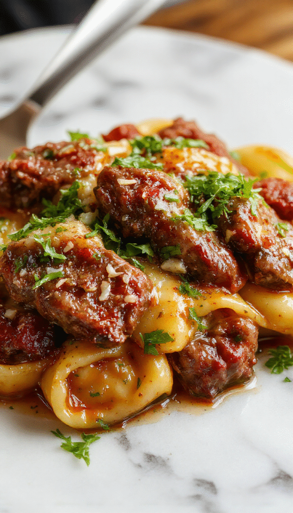 A close-up of a vibrant plate of garlic steak tortellini featuring golden-brown tortellini stuffed with seasoned beef and topped with fresh parsley and grated Parmesan, served on a rustic white plate with a sprinkle of cracked black pepper and a drizzle of olive oil, with a backdrop of a wooden table and fresh ingredients scattered around.