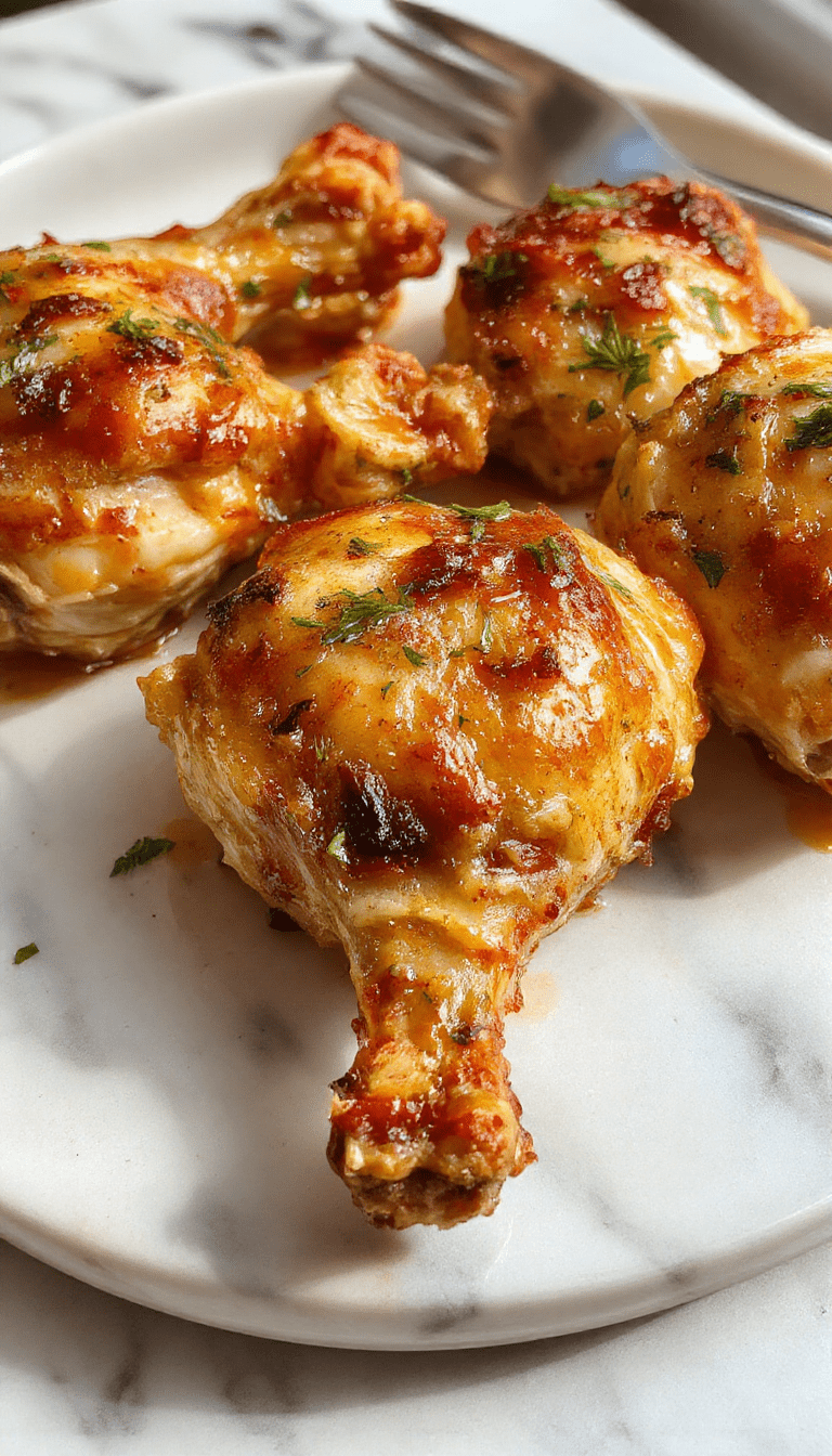 A close-up shot of golden-brown baked chicken legs arranged on a rustic white plate, garnished with fresh herbs, surrounded by roasted vegetables, with a crispy skin texture and juicy interior, styled with a sprinkle of herbs on a wooden table.