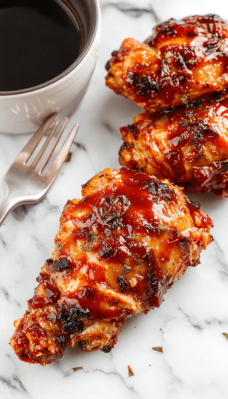 A close-up of shredded BBQ chicken in a rustic white bowl, topped with fresh chopped cilantro and served with side dishes on a wooden surface, vibrant red and brown hues, moist and tender texture visible.