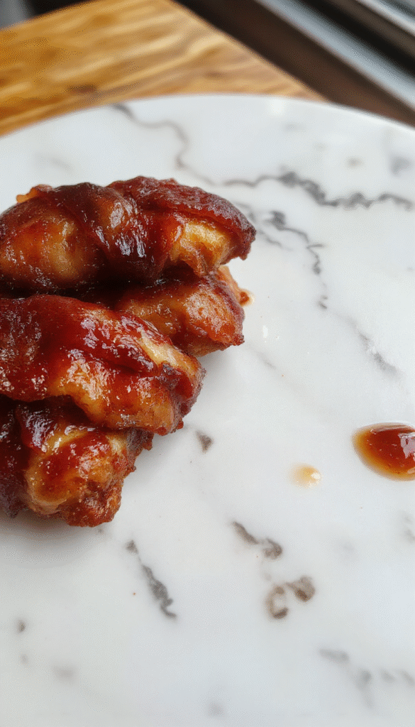 Colorful platter of bacon wrapped smoky sausages glazed with caramelized brown sugar, arranged neatly on a white plate with golden crispy bacon edges, garnished with fresh herbs, styled for an inviting party appetizer