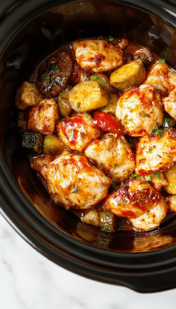 A vibrant plated dish of tender honey garlic chicken surrounded by colorful roasted vegetables including carrots, bell peppers, and broccoli. The chicken has a caramelized glaze with visible garlic pieces, garnished with fresh herbs and served on a rustic white plate with a wooden background.