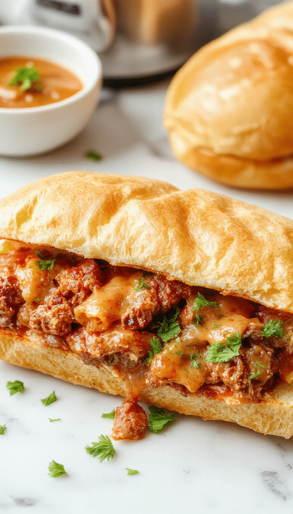 A close-up of a savory French dip sandwich served on a rustic plate, featuring tender sliced roast beef nestled inside a toasted bun with a side of rich au jus dip, fresh green herbs sprinkled on top, vibrant caramelized onions, and a drizzle of gravy, all captured in warm natural light highlighting the textures and colors.