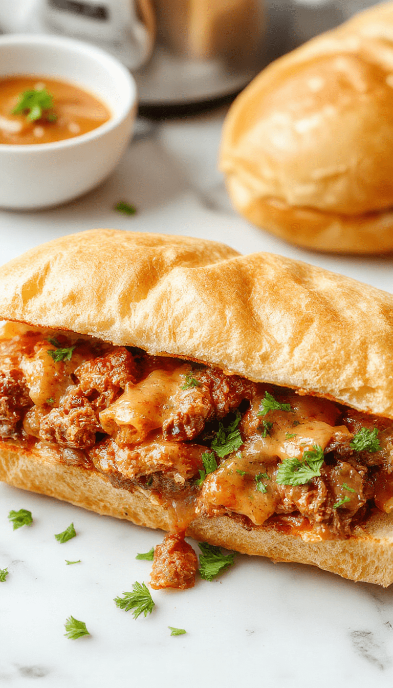 A close-up of a savory French dip sandwich served on a rustic plate, featuring tender sliced roast beef nestled inside a toasted bun with a side of rich au jus dip, fresh green herbs sprinkled on top, vibrant caramelized onions, and a drizzle of gravy, all captured in warm natural light highlighting the textures and colors.