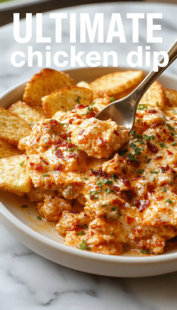 A vibrant bowl of buffalo chicken dip topped with green onions and shredded cheese, served with crunchy celery sticks and tortilla chips on a rustic wooden table, with the dip's creamy and spicy textures clearly visible, styled for a party atmosphere.