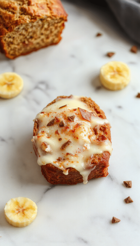 A golden-brown slice of banana bread with a moist, tender crumb, topped with a few banana slices and a drizzle of honey on a rustic wooden table.