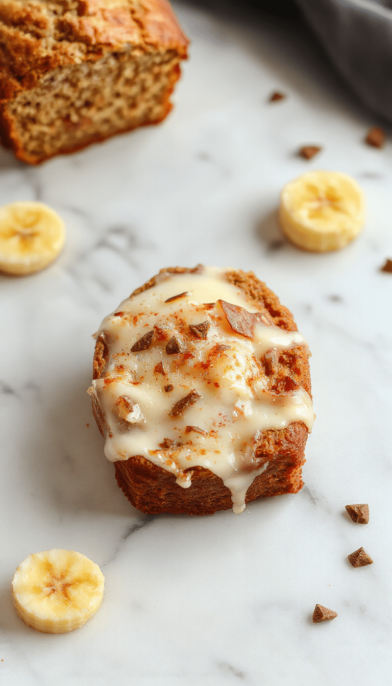A golden-brown slice of banana bread with a moist, tender crumb, topped with a few banana slices and a drizzle of honey on a rustic wooden table.