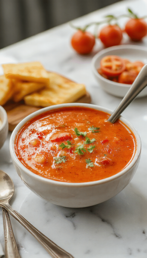 A vibrant bowl of homemade tomato soup garnished with fresh basil leaves and a drizzle of cream, served with crusty bread on a rustic wooden table.