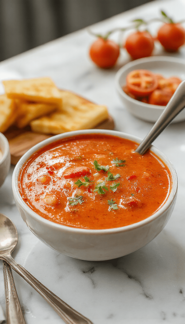 A vibrant bowl of homemade tomato soup garnished with fresh basil leaves and a drizzle of cream, served with crusty bread on a rustic wooden table.