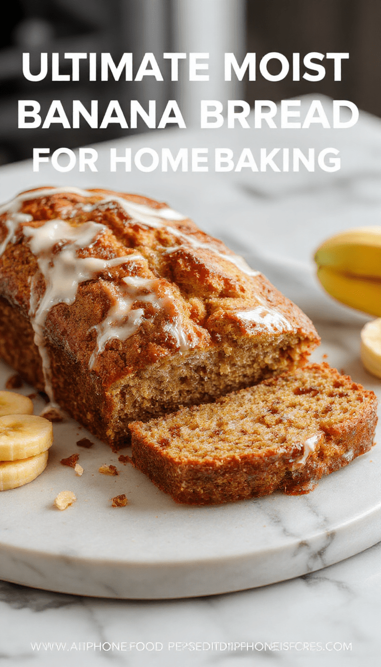 A slice of golden brown banana bread on a rustic wooden plate, topped with a pat of melting butter, surrounded by ripe bananas and a dusting of powdered sugar, with a blurred cozy kitchen background
