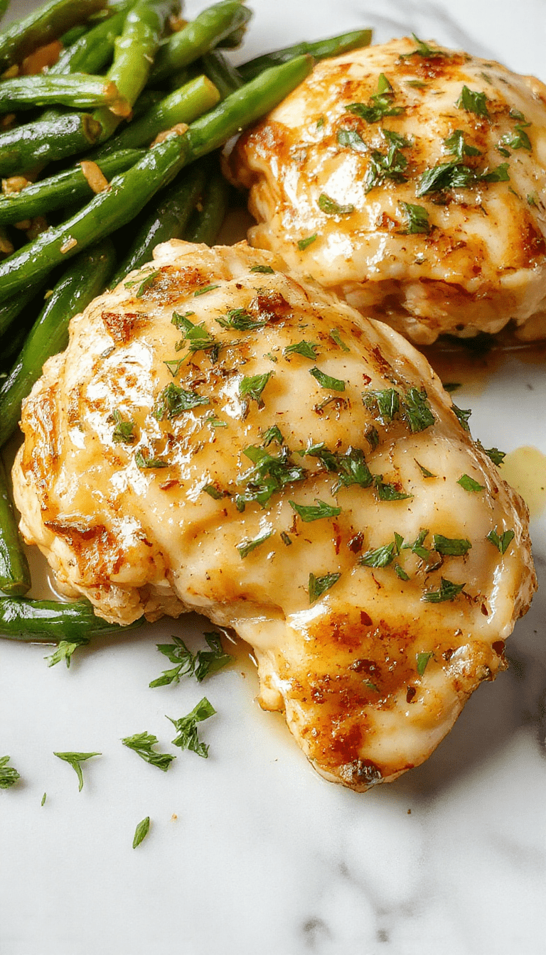 Colorful image of golden-brown chicken thighs glazed with lemon garlic butter sauce, plated alongside vibrant sautéed green beans with garlic and lemon slices, garnished with fresh herbs on a rustic wooden table, showcasing a juicy, tender texture and inviting presentation.